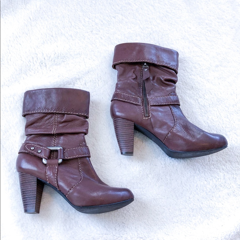 Fossil Brown Tawny Heeled Boots Cuff Top Size 6